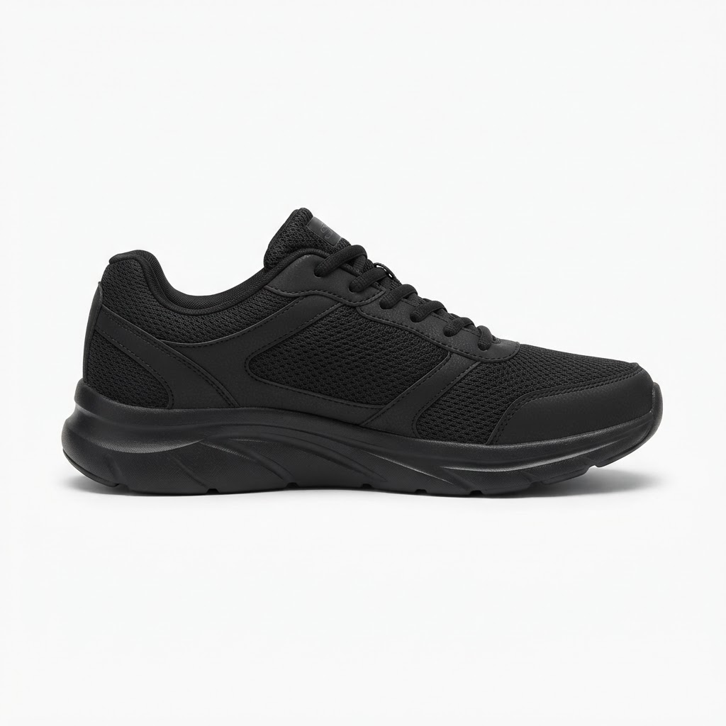 OrthoBalance black nursing shoe shown in side profile